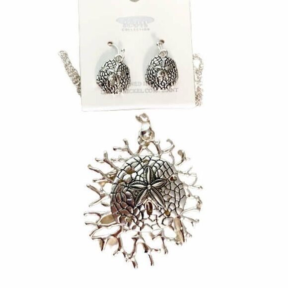 Sand Dollar Coral Jewelry Sea Life Earrings Necklace SET Silver Ocean Beach NEW - Picture 1 of 6
